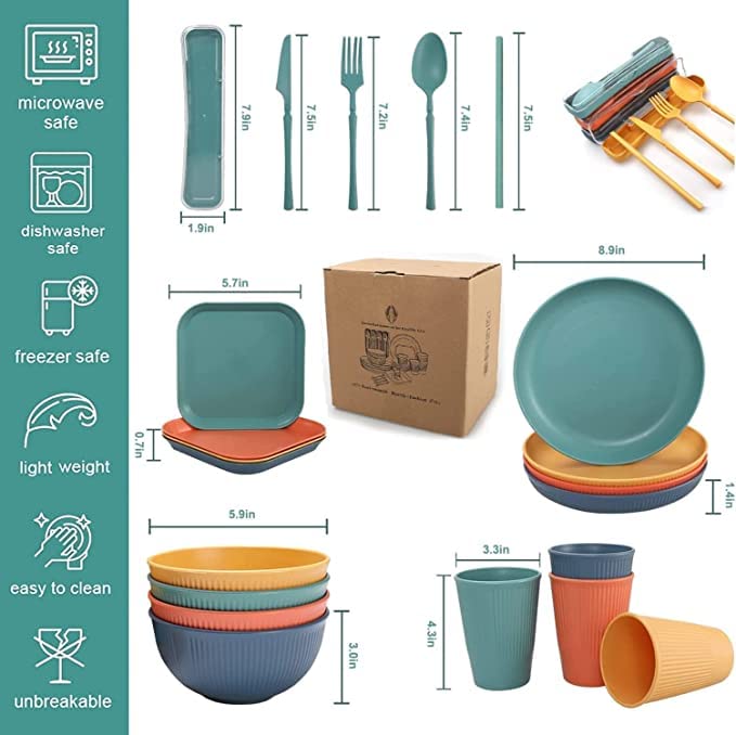 Wheat Straw Dinnerware Sets 48 Pieces,Unbreakable DinnerwareSet,Microwave Safe Dinnerware,Reusable Dishware Sets,for Kitchen/Camping/Caravan/dorm tableware, Kids Plates and Bowls Sets