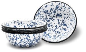 red co. set of 4 enamelware metal classic 20 oz round cereal bowl, navy blue marble/black rim - splatter design