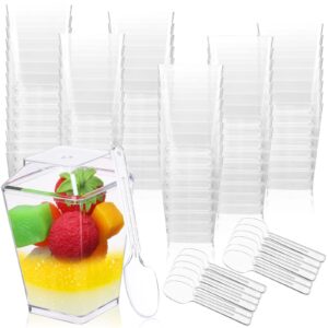 mimorou 200 pack 5 oz dessert cups with lids and spoons square clear plastic appetizer cups parfait cups dessert shot glasses for party wedding birthday desserts appetizers puddings mousse