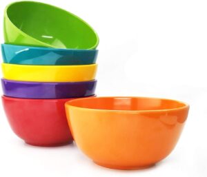 set of 6 100% melamine 28oz salad bowls set,6 inch round melamine soup cereal bowls,melamine dinnerware sets for home dinner party or picnic,break-resistant and bpa free,multicolor