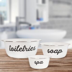 AuldHome Enamelware Spa Basin Set (Set of 3); White Rustic Farmhouse Decor Spa Bowls for Bathroom Storage and Home Decor