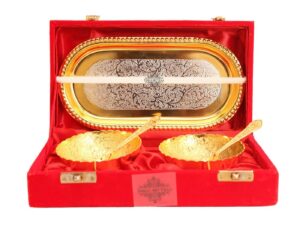 indian art villa silver plated gold polished bowl set with spoon tray, diwali gift item