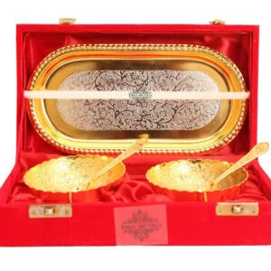 Indian Art Villa Silver Plated Gold Polished Bowl Set with Spoon Tray, Diwali Gift Item