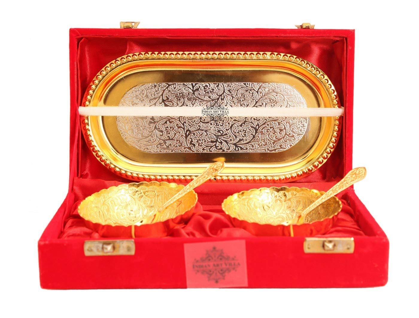 Indian Art Villa Silver Plated Gold Polished Bowl Set with Spoon Tray, Diwali Gift Item