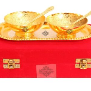 Indian Art Villa Silver Plated Gold Polished Bowl Set with Spoon Tray, Diwali Gift Item