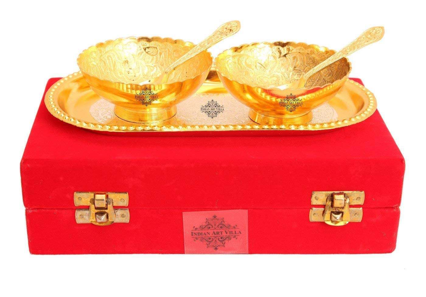 Indian Art Villa Silver Plated Gold Polished Bowl Set with Spoon Tray, Diwali Gift Item