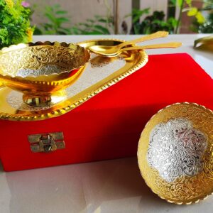 Indian Art Villa Silver Plated Gold Polished Bowl Set with Spoon Tray, Diwali Gift Item