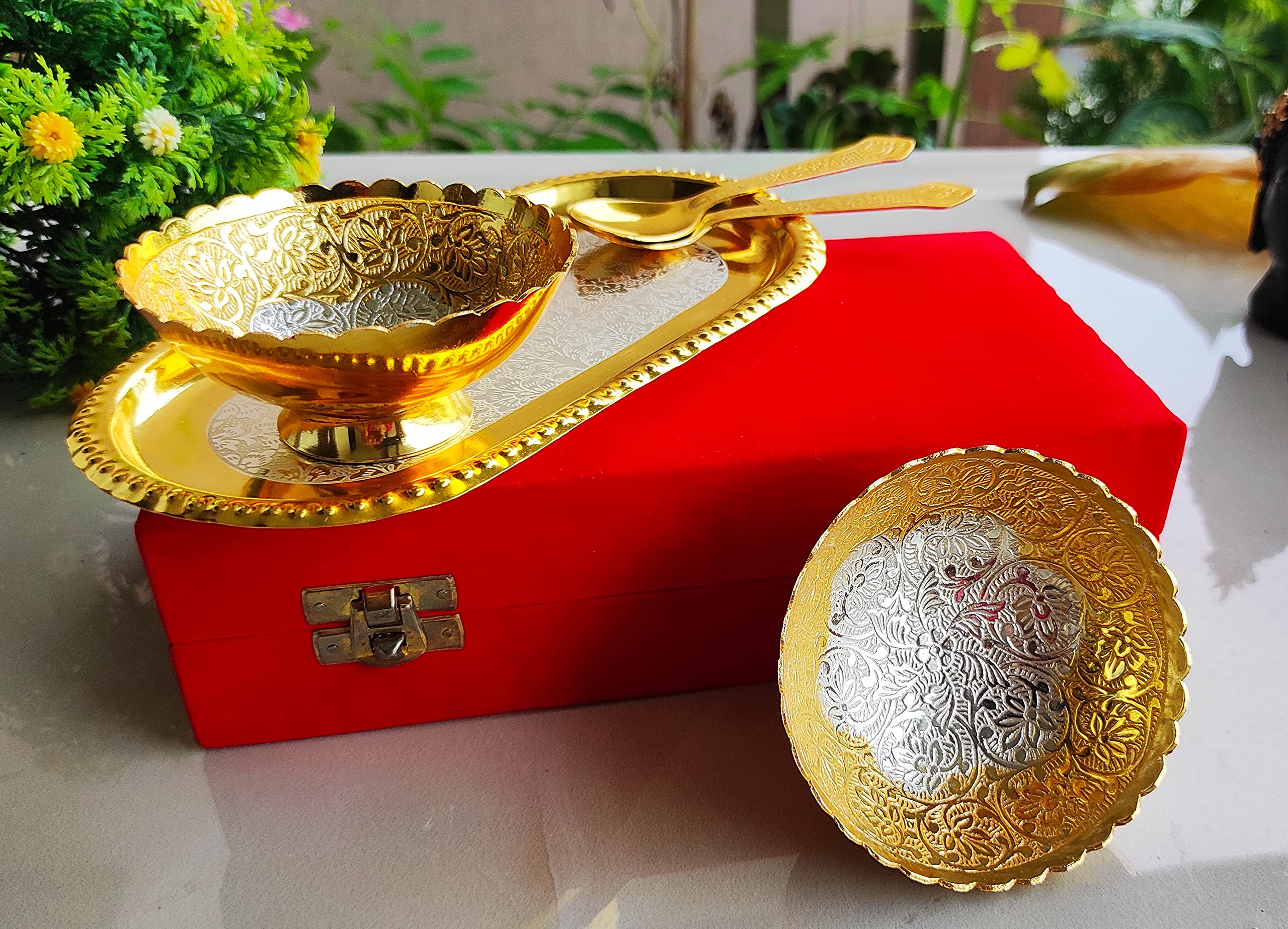 Indian Art Villa Silver Plated Gold Polished Bowl Set with Spoon Tray, Diwali Gift Item