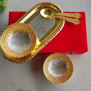 Indian Art Villa Silver Plated Gold Polished Bowl Set with Spoon Tray, Diwali Gift Item