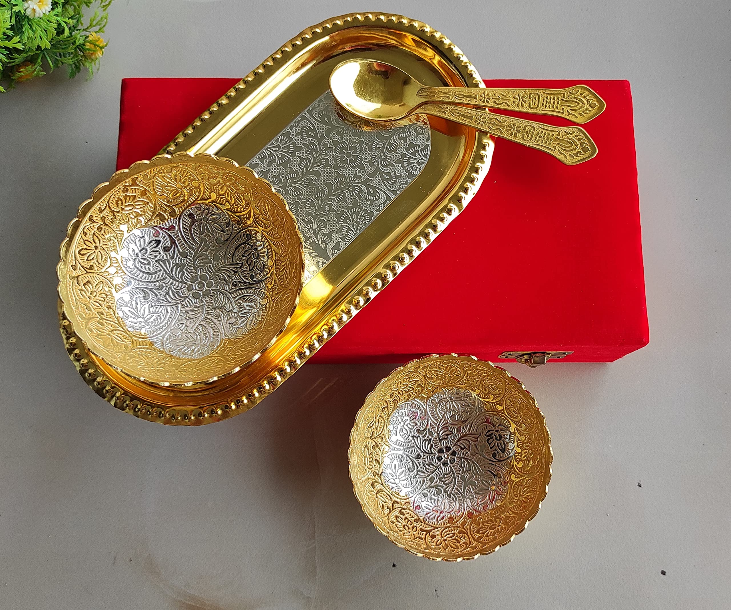 Indian Art Villa Silver Plated Gold Polished Bowl Set with Spoon Tray, Diwali Gift Item