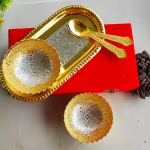 Indian Art Villa Silver Plated Gold Polished Bowl Set with Spoon Tray, Diwali Gift Item