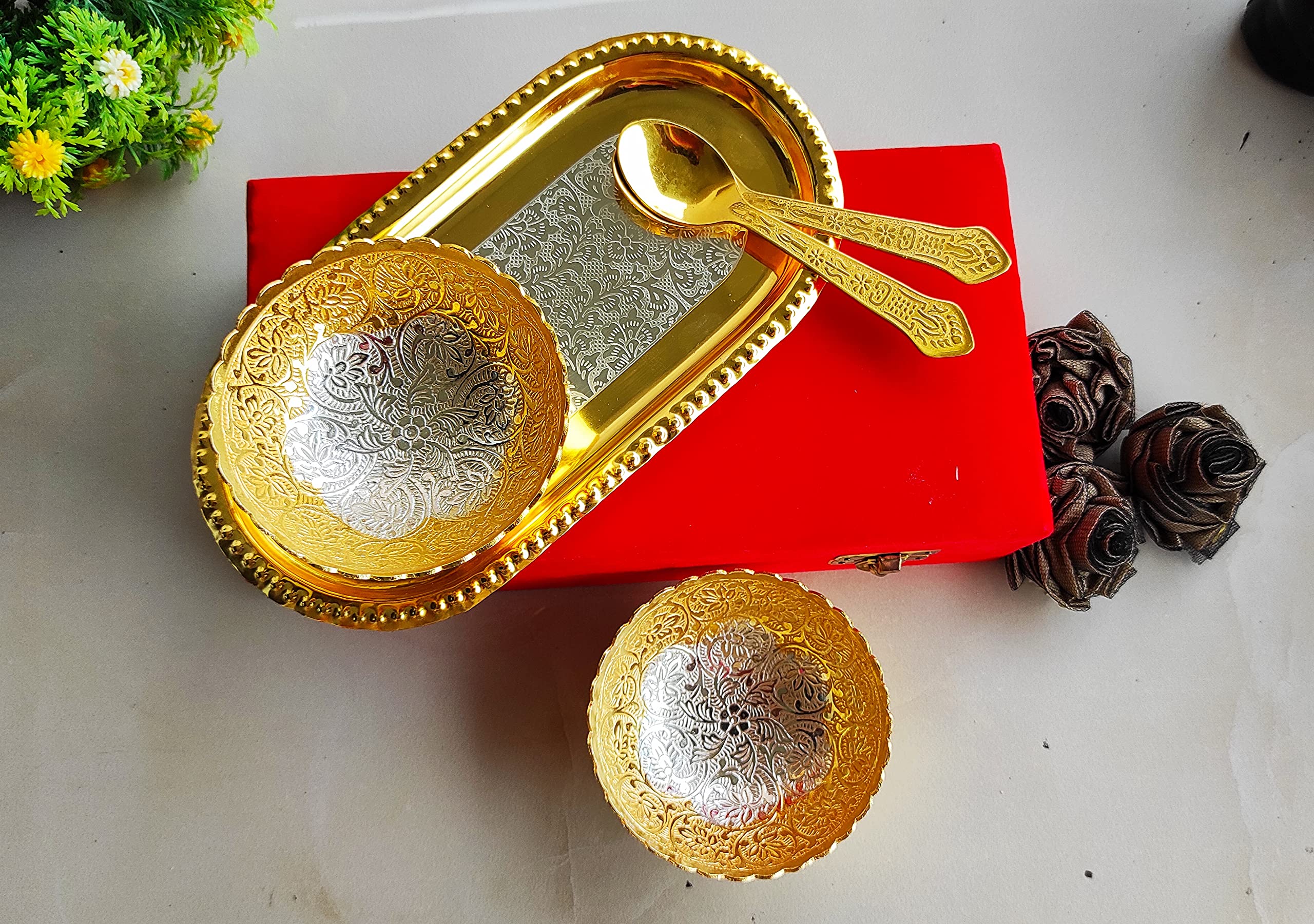 Indian Art Villa Silver Plated Gold Polished Bowl Set with Spoon Tray, Diwali Gift Item