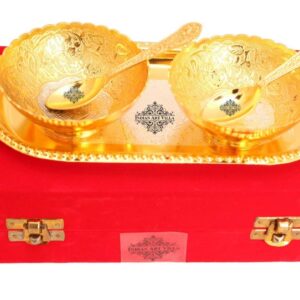 Indian Art Villa Silver Plated Gold Polished Bowl Set with Spoon Tray, Diwali Gift Item