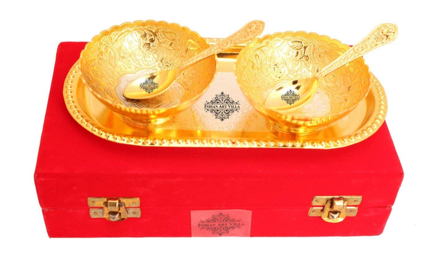 Indian Art Villa Silver Plated Gold Polished Bowl Set with Spoon Tray, Diwali Gift Item