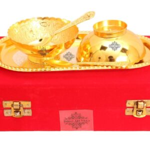 Indian Art Villa Silver Plated Gold Polished Bowl Set with Spoon Tray, Diwali Gift Item