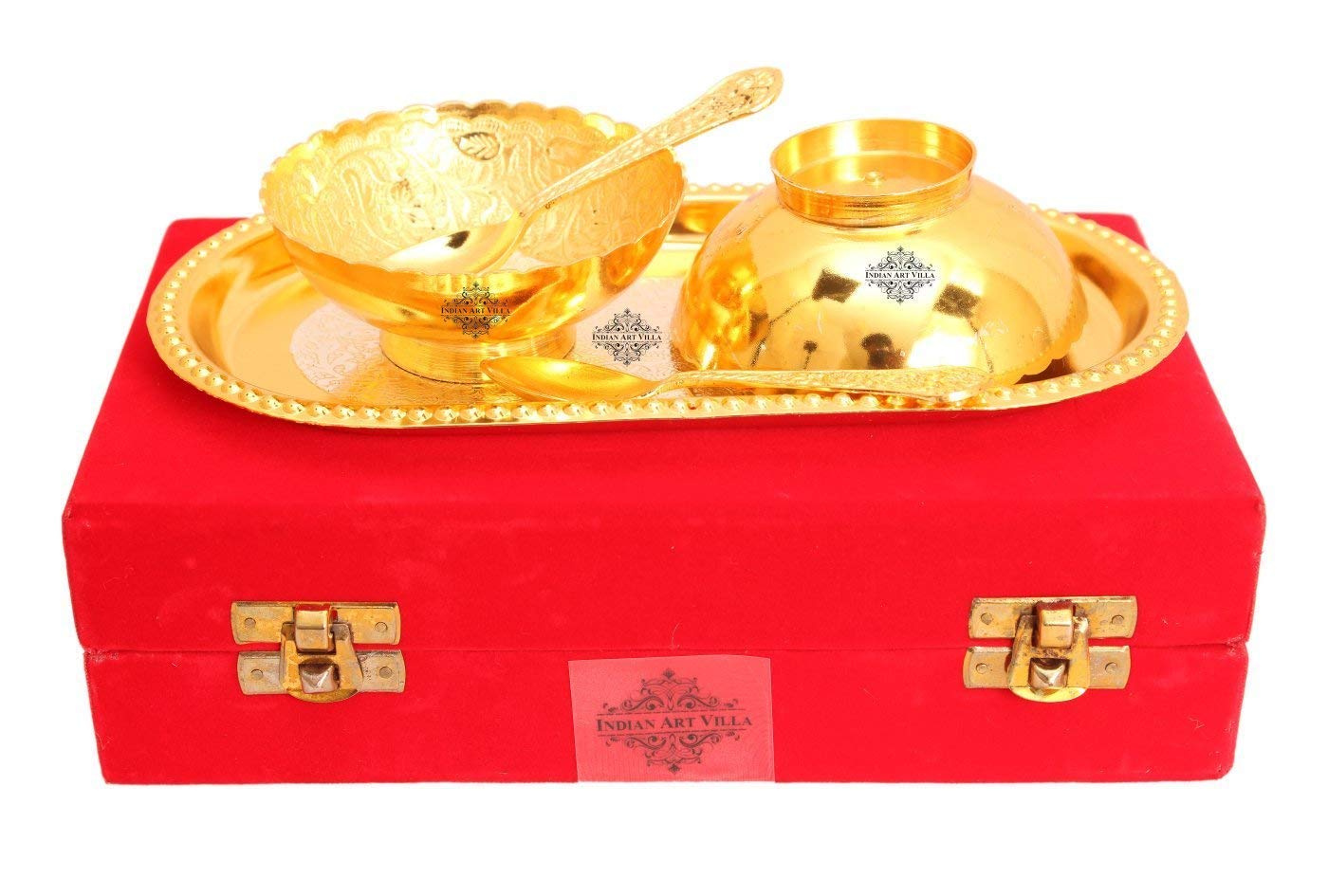 Indian Art Villa Silver Plated Gold Polished Bowl Set with Spoon Tray, Diwali Gift Item