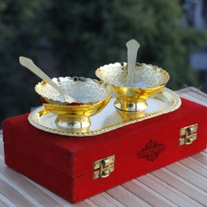 Indian Art Villa Silver Plated Gold Polished Bowl Set with Spoon Tray, Diwali Gift Item