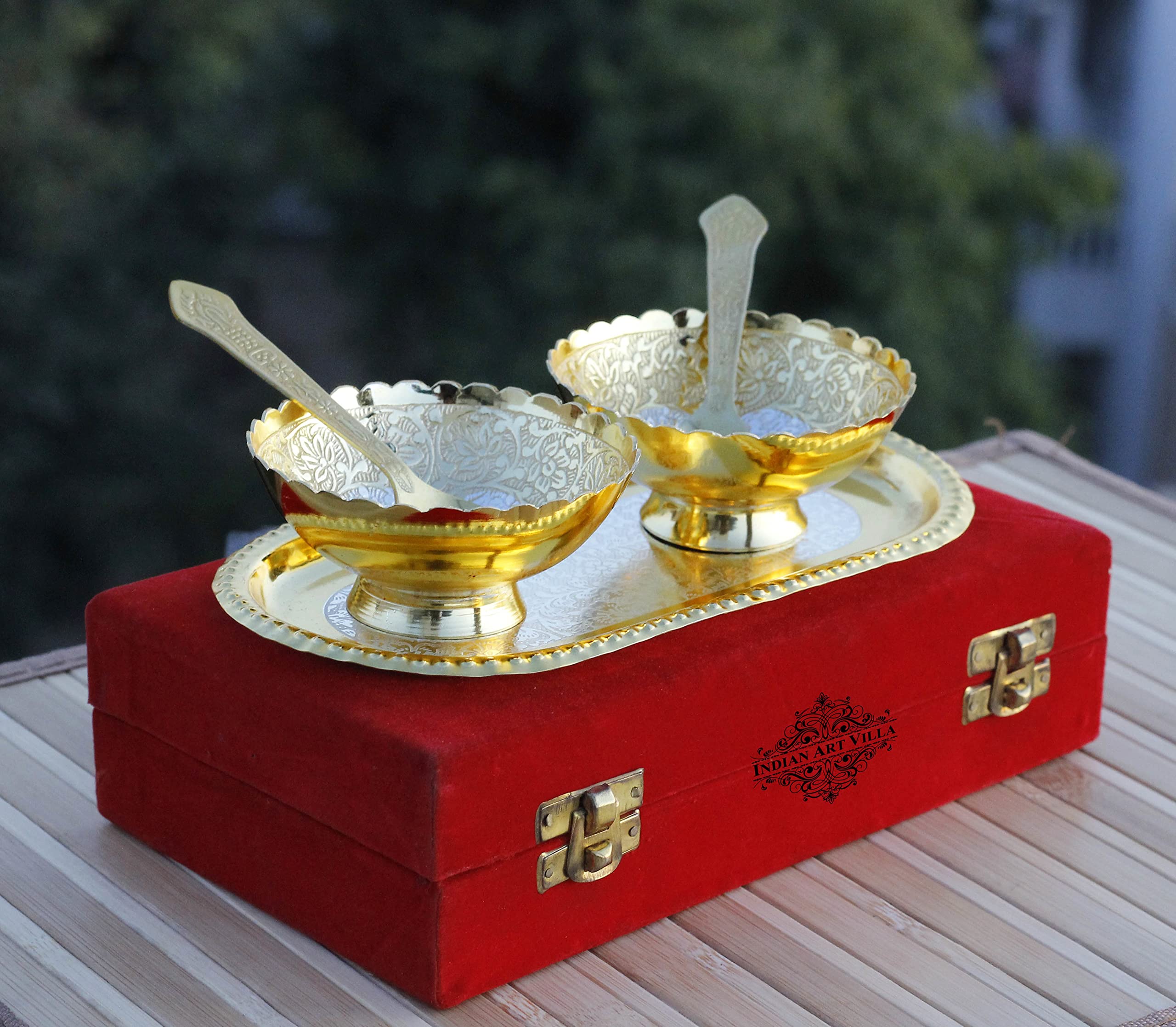 Indian Art Villa Silver Plated Gold Polished Bowl Set with Spoon Tray, Diwali Gift Item