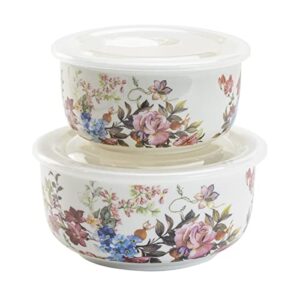 grace teaware grace pantry nested porcelain storage bowls with vented lids, large and medium 2-piece set, (pink blue garden),30 ounce