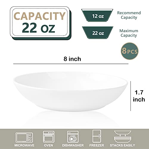 KITOECOFR 22Oz Pasta Bowls Set of 8, Eco-Friendly Made Bowl Plates Suit for Pasta Salad Soup Dinner, Winter Frost White