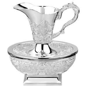 boker-tov shalom mayim achronim set - silver plated judaica washing cup and bowl set (filigree design)