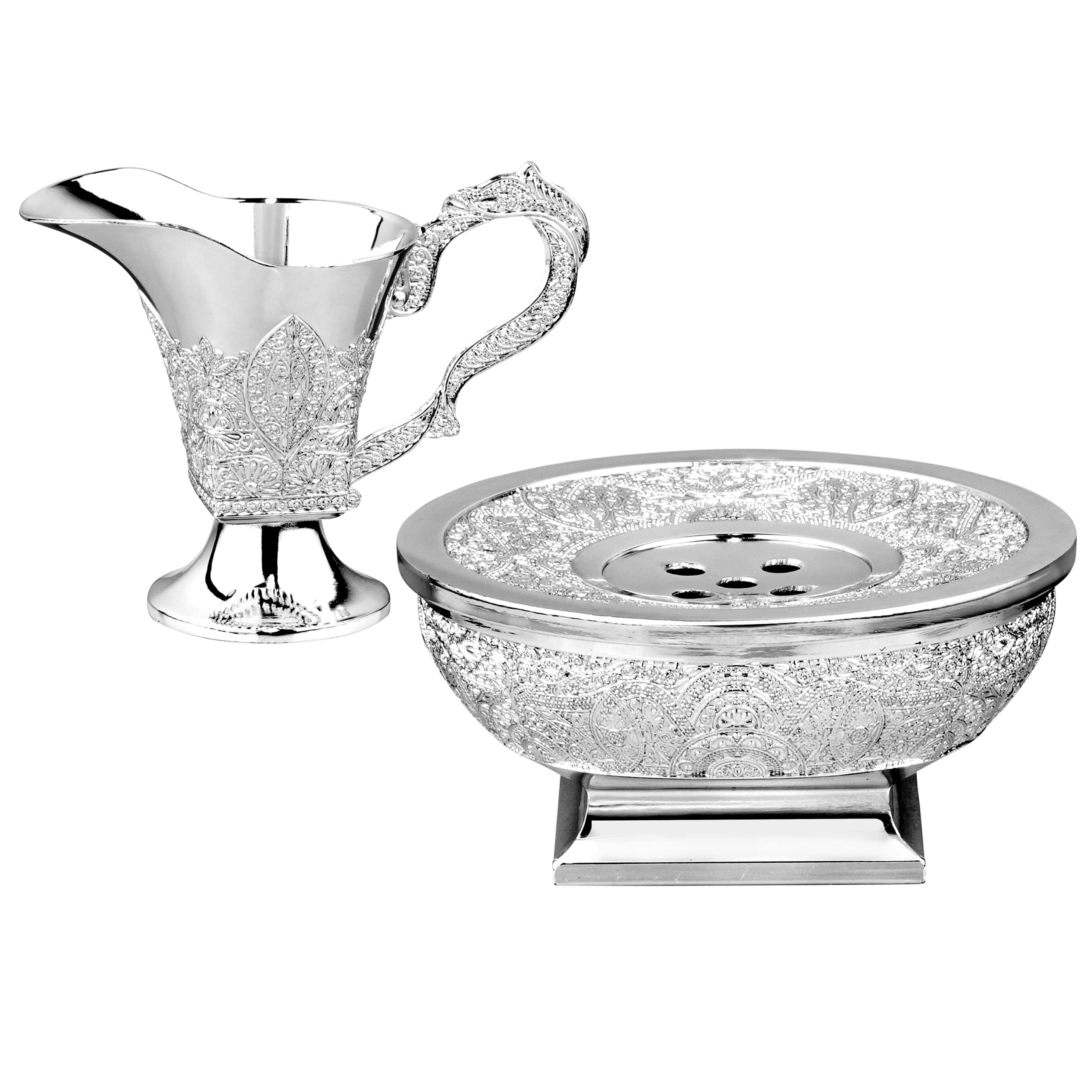 BOKER-TOV SHALOM Mayim Achronim Set - Silver Plated Judaica Washing Cup and Bowl Set (Filigree Design)