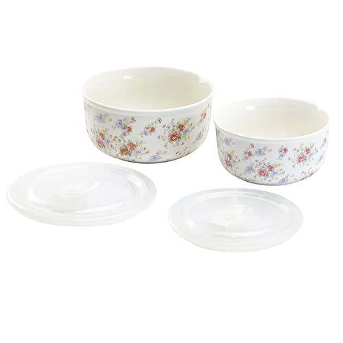 Grace Teaware Grace Pantry Porcelain Storage Bowls With Vented Lids, Large and Medium 2-Piece Set, (Spray Rose Bouquet) Multicolor