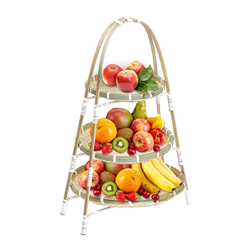 Changy Store 3 Tier Bamboo Basket Rack | Handwoven Wicker Serving Baskets with Standing Rack Set | Food, Fruit, Snack, Cookies Display Centerpiece or Coffee Table Décor Accent