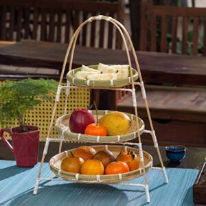 Changy Store 3 Tier Bamboo Basket Rack | Handwoven Wicker Serving Baskets with Standing Rack Set | Food, Fruit, Snack, Cookies Display Centerpiece or Coffee Table Décor Accent