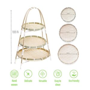 Changy Store 3 Tier Bamboo Basket Rack | Handwoven Wicker Serving Baskets with Standing Rack Set | Food, Fruit, Snack, Cookies Display Centerpiece or Coffee Table Décor Accent