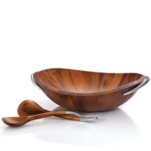 nambe braid salad bowl with servers | 3-piece set | large wooden serving bowl for caesar salad, large salads | big salad bowl with serving utensils | made of chrome & acacia wood (20” l x 16” w)