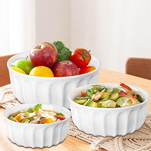 Youeon Set of 3 Porcelain Serving Bowls 38/28/18 oz, Porcelain Mixing Bowls, Nesting Salad Bowls, Soup Bowls, Prep Bowls for Kitchen, Oatmeal, Rice, Pasta, Salad, White