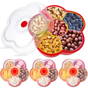4 pcs divided serving tray with lid colored flower shaped snack tray fruit bowl candy and nut serving container appetizer tray with lid, 6 compartment plastic food storage organizer for party supply