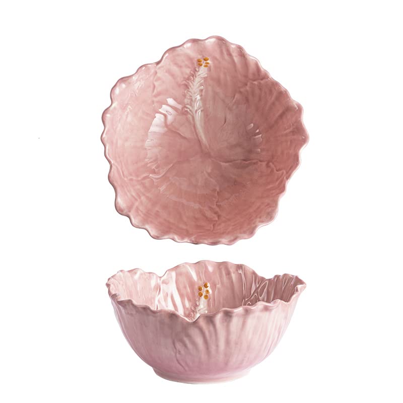 AwakingWaves Cute Handmade Ceramic Cereal Bowl with Hibiscus Designs for Fruit, Salad and Soup,Sculpted Flower-Shaped Candy Pink Bowl for Kitchen, Microwave and Dishwasher Safe, Party Decor