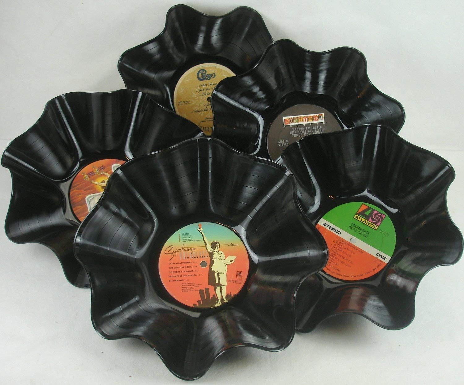 It's Our Earth, Inc. Set of 5 Record Bowls - Rock & Roll Music 1970s/80s Recycled Vinyl LPs