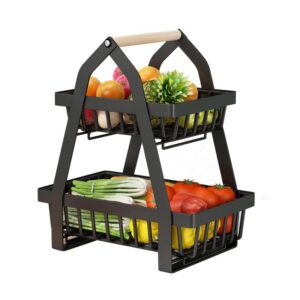 zuovaov 2 tier countertop fruit basket, removable metal rectangular wire basket, black vegetable bread basket storage rack, kitchen table top fruit bowl (black)