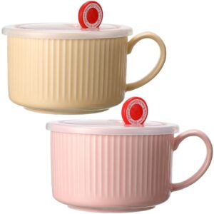 2 pieces ceramic soup bowls with handles 30 oz microwave safe bowl with lid microwavable soup mug with lid large soup cups for ramen noodle cereal (pink, yellow)