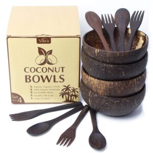 vikra (set mix 4) vietnamese coconut bowls with spoons and forks 100% natural, handmade, eco friendly. bowls for kitchen, salad bowls, smoothie bowls, acai bowls, vegans gift, decorations