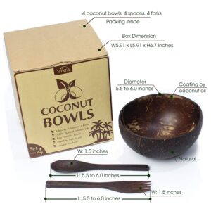 Vikra (Set mix 4) Vietnamese Coconut Bowls with Spoons and Forks 100% Natural, Handmade, Eco Friendly. Bowls for Kitchen, Salad Bowls, Smoothie Bowls, Acai Bowls, Vegans Gift, Decorations