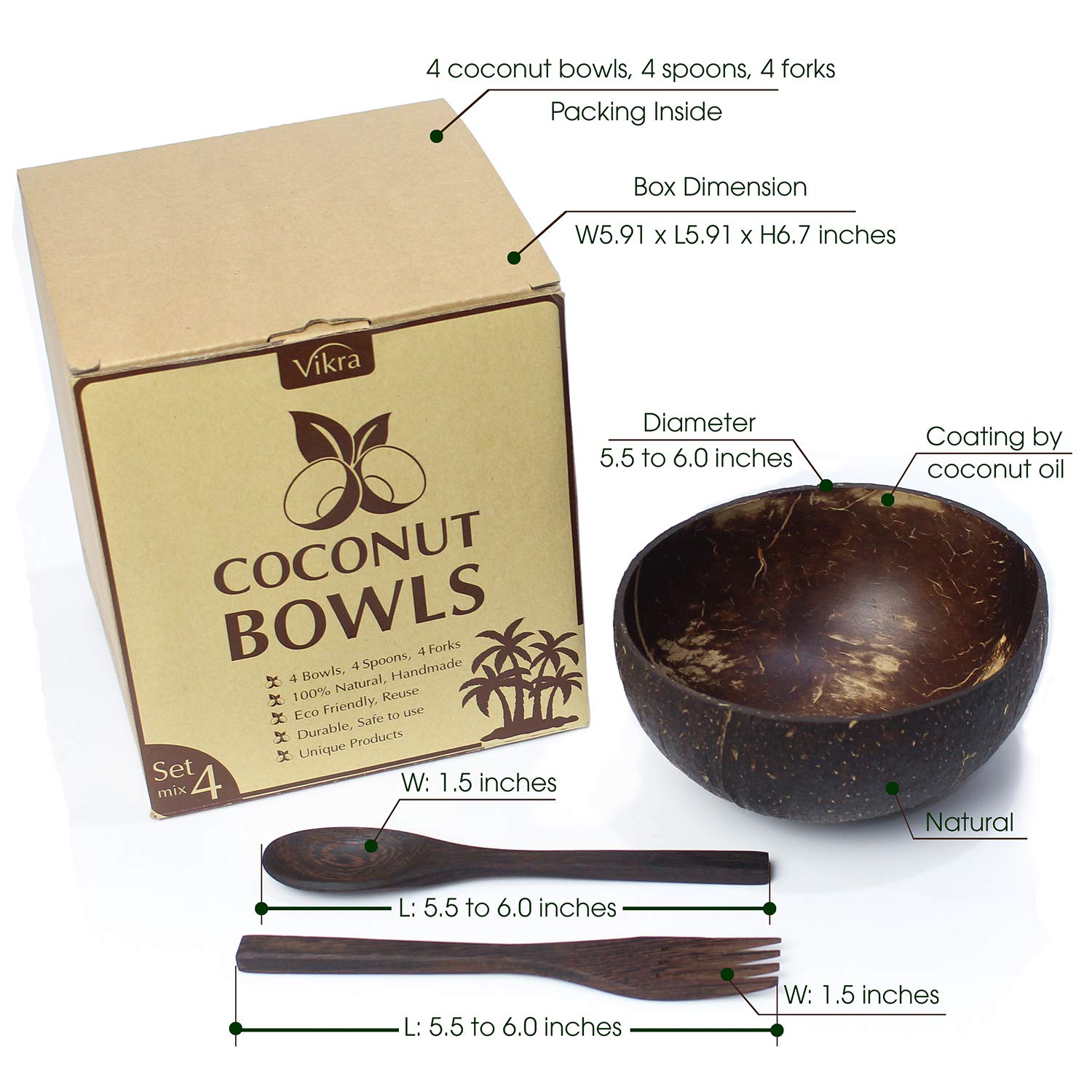 Vikra (Set mix 4) Vietnamese Coconut Bowls with Spoons and Forks 100% Natural, Handmade, Eco Friendly. Bowls for Kitchen, Salad Bowls, Smoothie Bowls, Acai Bowls, Vegans Gift, Decorations