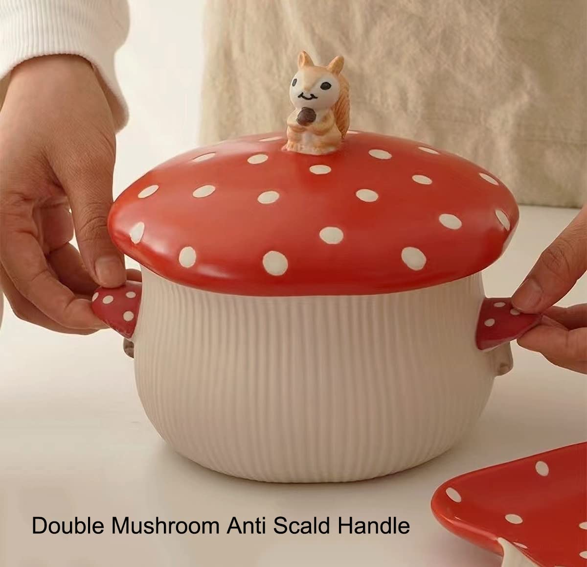 RESVUGA Large Soup Bowl, Double Mushroom Handle & Mushroom Lid - Safety Matt Ceramics 32oz Noodles Bowls, Use for Stew, Salad, Porridge & More.