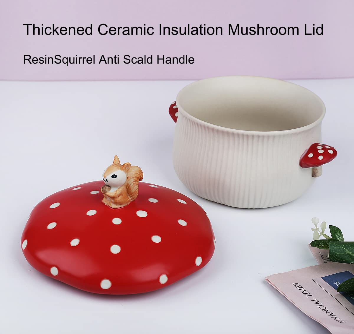 RESVUGA Large Soup Bowl, Double Mushroom Handle & Mushroom Lid - Safety Matt Ceramics 32oz Noodles Bowls, Use for Stew, Salad, Porridge & More.