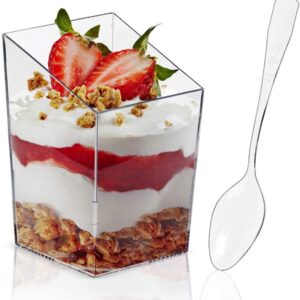 3 Oz 90ml Clear Square Dessert Cups with Spoons Plastic Dessert Cake Snack Bowl Disposable Ice Cream Dessert Bowls Dessert Cups Tasting Sample Cup Serving Salad Bowl Party Favor Cups,Pack of 24