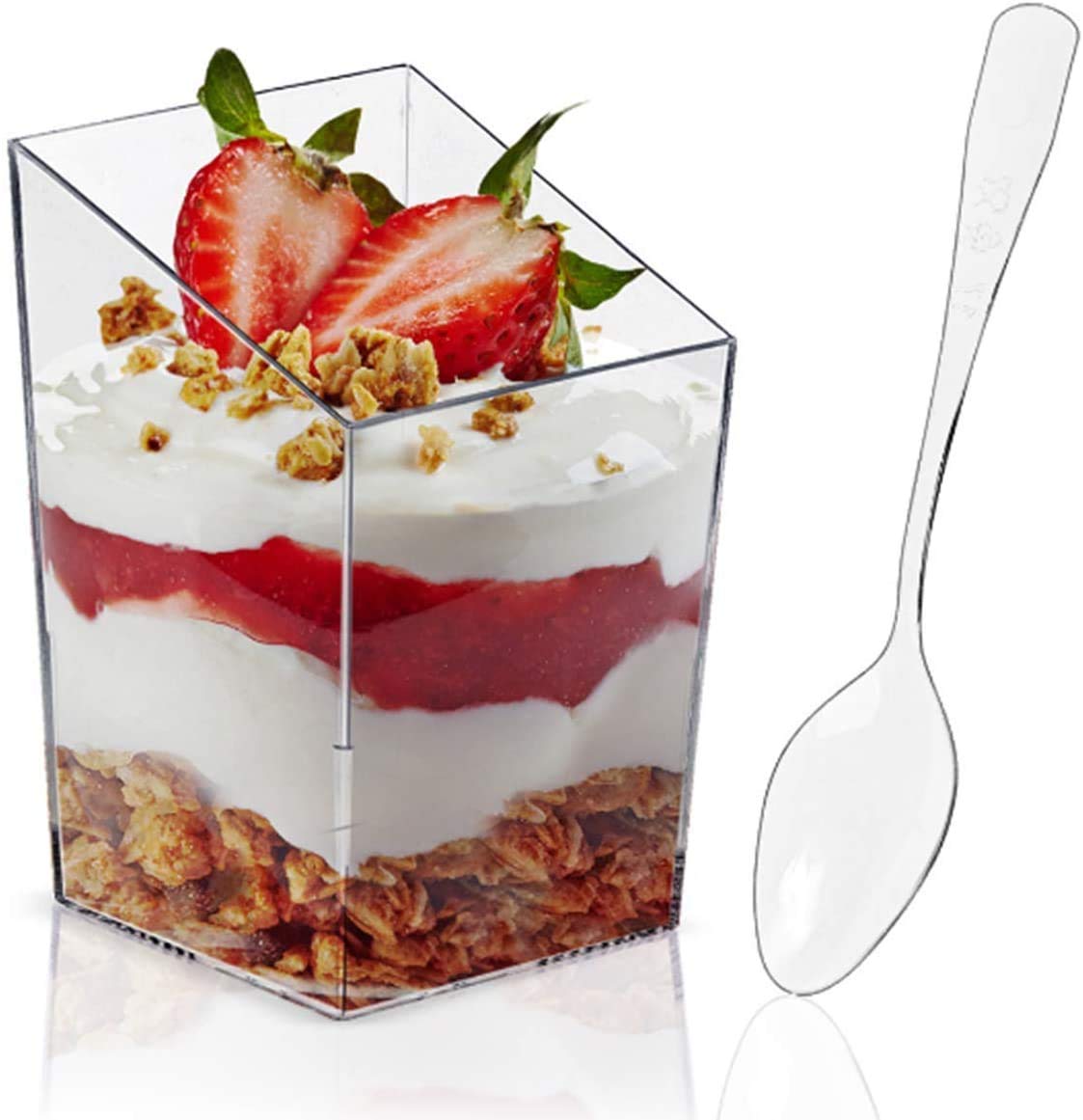 3 Oz 90ml Clear Square Dessert Cups with Spoons Plastic Dessert Cake Snack Bowl Disposable Ice Cream Dessert Bowls Dessert Cups Tasting Sample Cup Serving Salad Bowl Party Favor Cups,Pack of 24