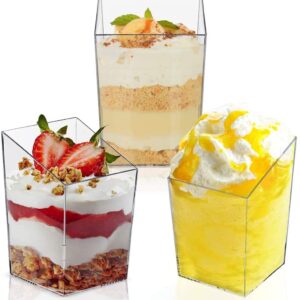 3 Oz 90ml Clear Square Dessert Cups with Spoons Plastic Dessert Cake Snack Bowl Disposable Ice Cream Dessert Bowls Dessert Cups Tasting Sample Cup Serving Salad Bowl Party Favor Cups,Pack of 24