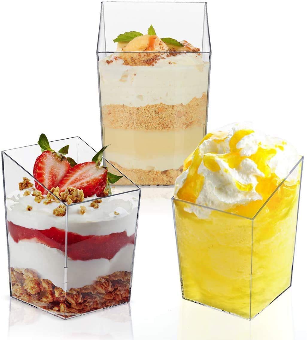 3 Oz 90ml Clear Square Dessert Cups with Spoons Plastic Dessert Cake Snack Bowl Disposable Ice Cream Dessert Bowls Dessert Cups Tasting Sample Cup Serving Salad Bowl Party Favor Cups,Pack of 24