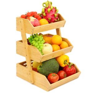 mxbamhyc bamboo fruit basket,3-tier fruit bowl for kitchen counter, large capacity vegetable storage holder,15 mm thickness
