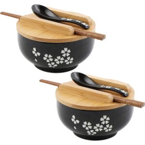 japanese ramen bowl, vintage noodle bowl with lid and spoon black, ceramic ramen bowl hand drawn rice bowl, retro tableware noodle bowl (2x black)