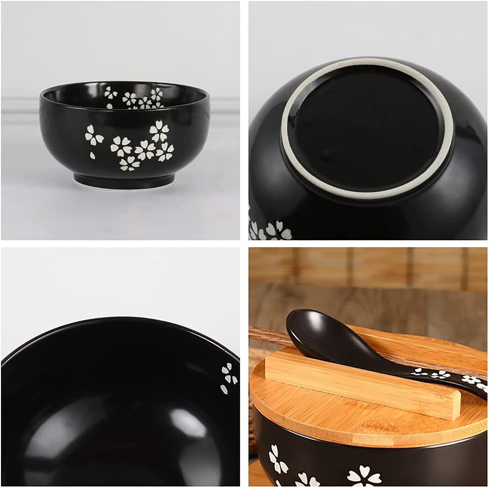 Japanese Ramen Bowl, Vintage Noodle Bowl with Lid and Spoon Black, Ceramic Ramen Bowl Hand Drawn Rice Bowl, Retro Tableware Noodle Bowl (2x Black)