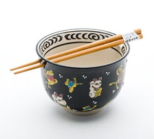 quality japanese ramen udon noodle bowl with chopsticks gift set 5 inch diameter (lucky cat)